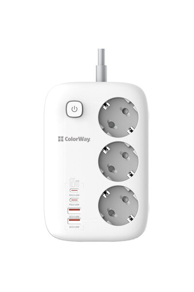 ColorWay Power Strip with 2xUSB, 2xType-C, 65W, 13A, 2m - (CW-CHE34PDW) - White