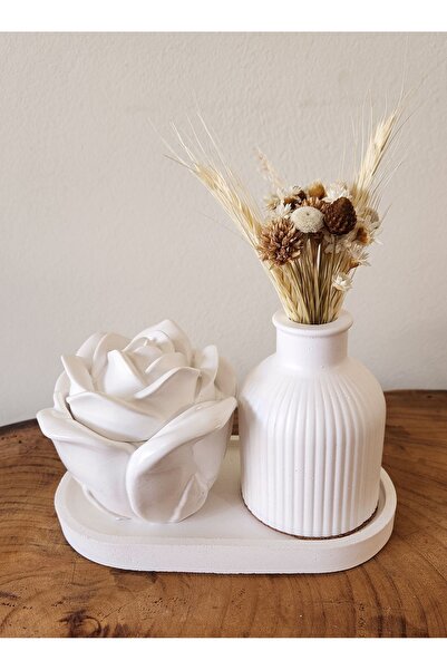 Özalp Decor Rose Figurine Decorative Plate -Vase Set Handmade Modern Object