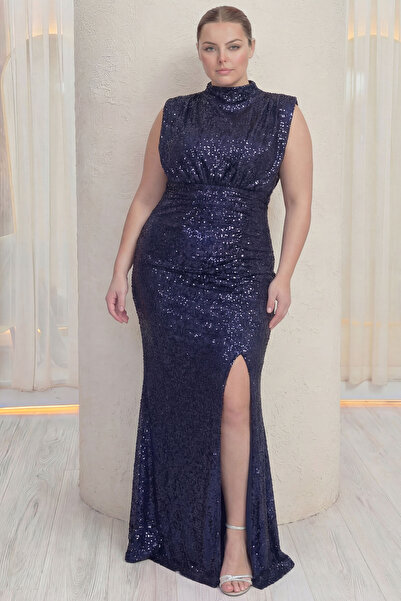 the ZKS Kadın Dik Yaka Kuşaklı Drapeli Büyük Beden Abiye Elbise Lacivert, Bej...