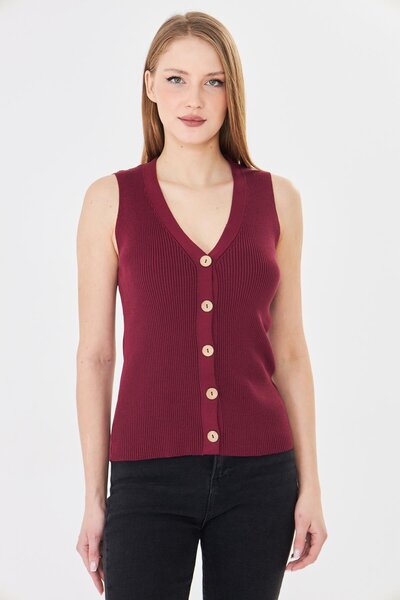 Irmak Kerekli Women's Buttoned Ribbed Knit Vest Women's Vest Y241017 Claret Red