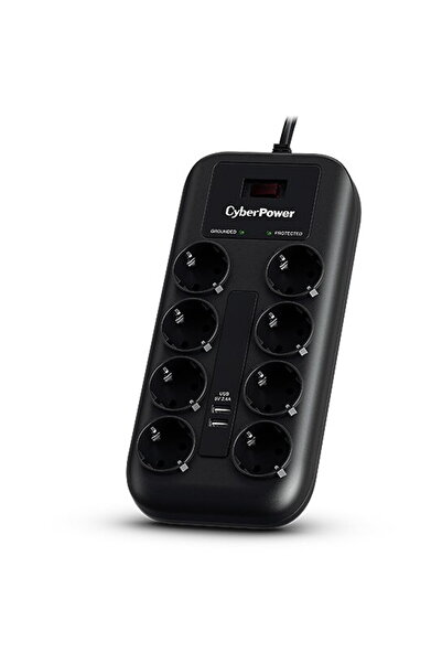 Cyber Prelungitor de prize, Schuko x 8, USB x 2, cablu 1,8 m, 10 A, negru