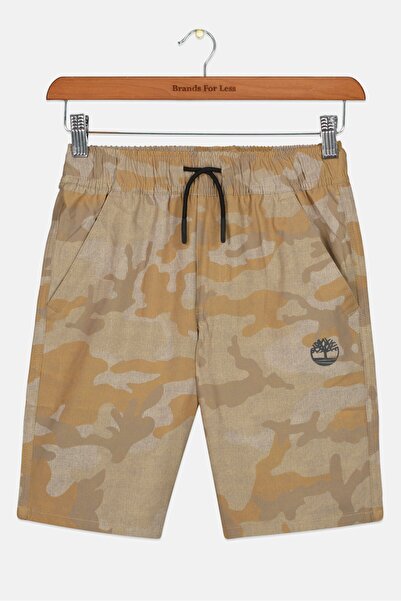 Timberland شورتات أساسية مموهة برباط للأطفال الأولاد، لون بني