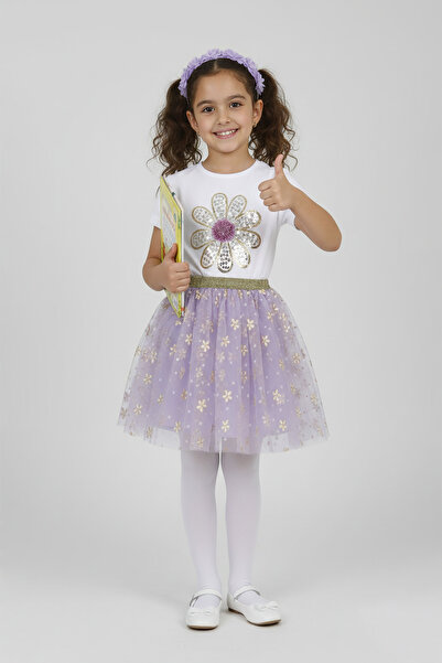 FATELLA طقم تي شيرت بناتي أرجواني مزين بالترتر والزهور مع تنورة من التول بنقش...