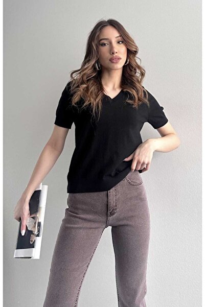 yeditepe fashion V-Neck Basic Elite Short Sleeve Knitwear