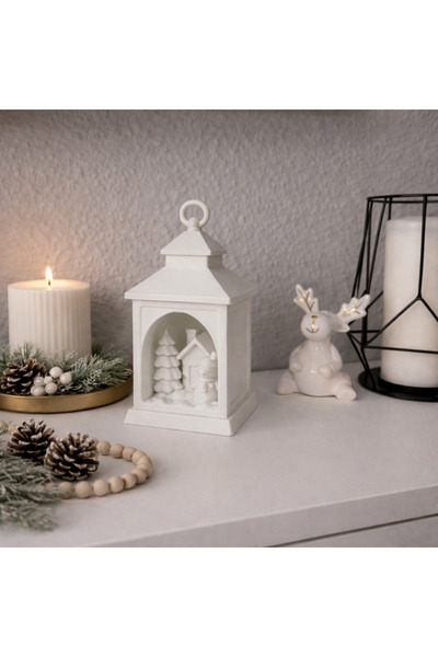 DERYA3D Maker shop LED Işıklı Dekoratif Kış Temalı Fener – Beyaz Modern Mumlu...