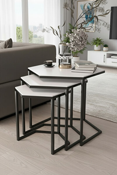 albemo Hexagon Siyah Metal Beyaz Mdf Tablalı 3lü Zigon Sehpa