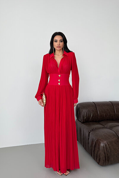 Serica Moda Red Pleated Chiffon Dress with Gold Button Detail