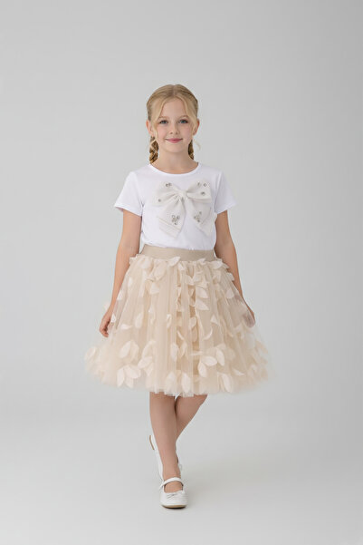 FATELLA Girl's Ecru Tulle Leaf Detailed Skirt and Bow T-Shirt Set April 23 Sh...