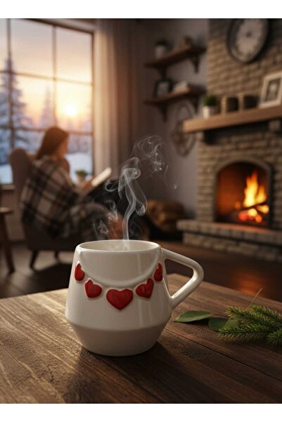 SeraCEY Kabartma Kalp Desenli El İşlemeli Özel Tasarım El Yapımı Seramik Kupa