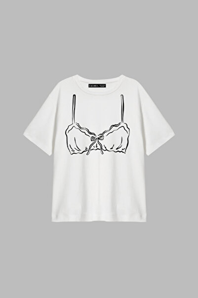 CİNEMA MODA Tricou alb pentru femei, cu imprimeu Lady Ribbon, croială relaxată