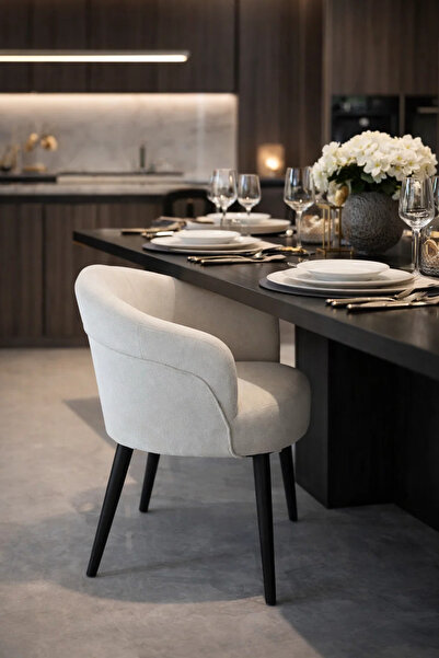 MARIA HOMES Cream Boucle Fabric Dining Chair with Black Tapered Legs Modern A...