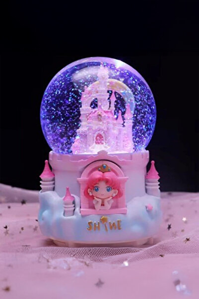 indirimsevinci Müzikli LED Işıklı Prenses Şato Kar Küresi Pembe Çocuk Gece Lambası Dekoratif Hediye
