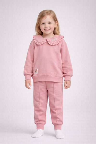 dinamik çocuk Kız Çocuk Fırfırlı Yakalı Çiçek Nakışlı Sweatshirt Jogger 2'li ...