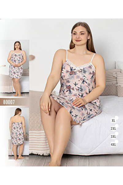 turkish Women's nightgown with floral and leaf print and lace trim – light pink