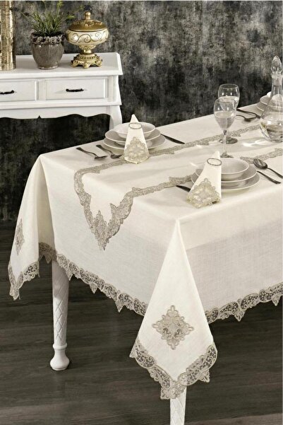 Çeyiz Diyarı French Guipure Efes Lace Dinner Set - 26 Piece Sand Beige