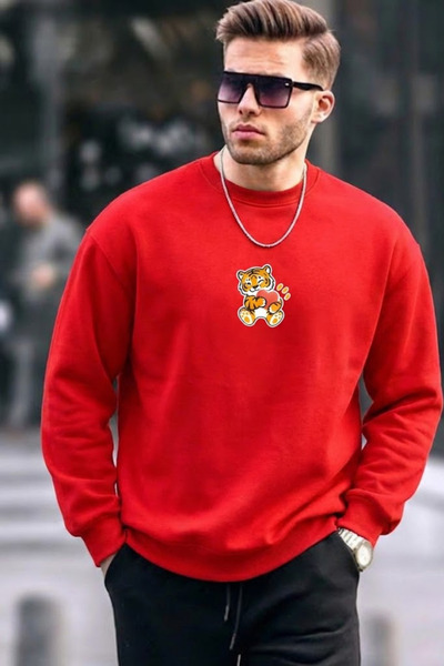 COMBİNE MİCHAİL Men's Tiger Printed Loose Red Sweatshirt