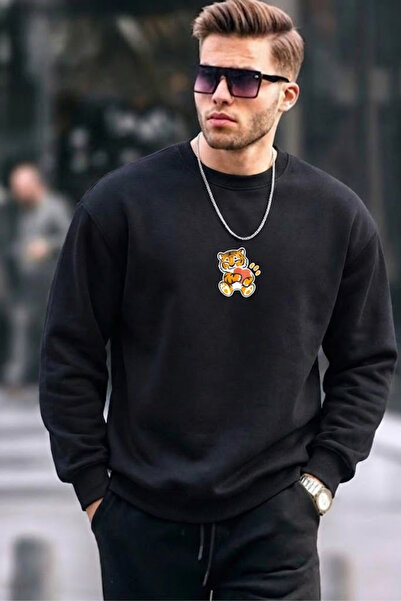 COMBİNE MİCHAİL Men's Tiger Printed Loose Black Sweatshirt