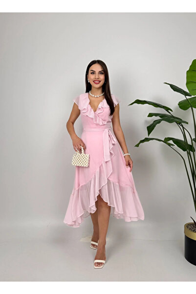 MAMMY Romantik Stil Pembe Bağlamalı Kruvaze Elbise - Şık Yazlık Davet Elbisesi