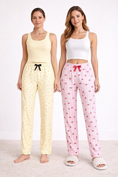 BLUE NIL 2'Lİ Pamuklu İnce Saten Kurdele Bel Detaylı Limon-Kiraz Desenli Kadı...