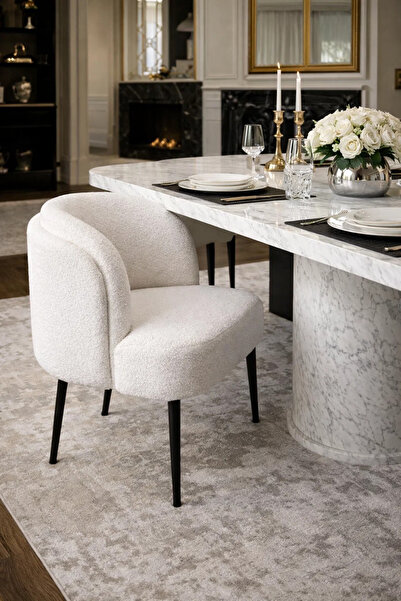 MARIA HOMES Luxury White Boucle Dining Chair Soft Upholstered Armchair Black ...
