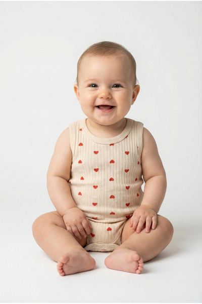 Noone Cream Red Heart Patterned Camisole Sleeveless Baby Bodysuit with Snap F...