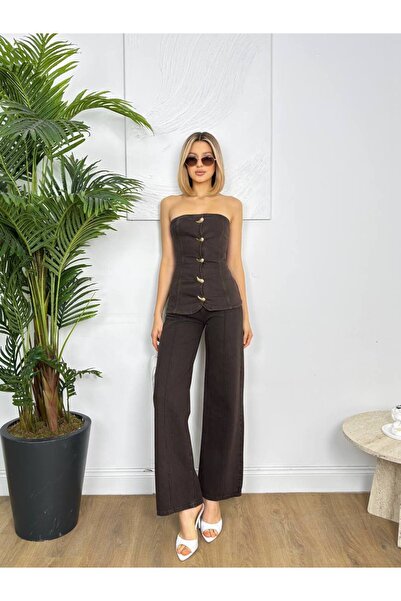 Rabia Çelik Kadın Kahverengi Gold Aksesuar Detaylı Büstiyer Kot Pantolon Alt ...