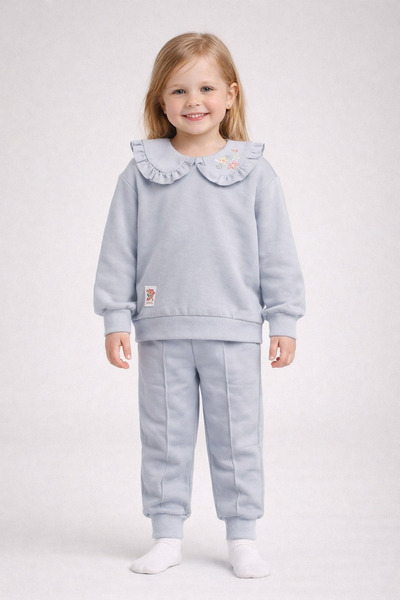 dinamik çocuk Hanorac cu guler cu volane și broderie florală pentru fete, set...