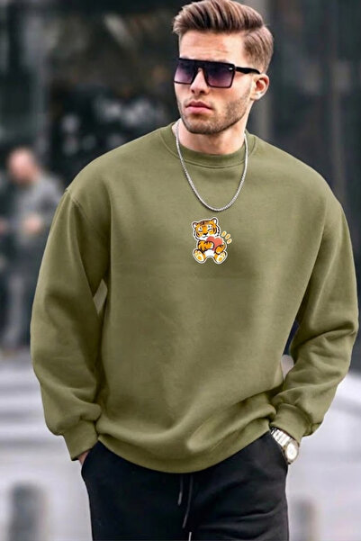 COMBİNE MİCHAİL Men's Tiger Printed Loose Khaki Sweatshirt
