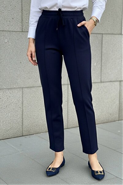 İmajButik Navy Blue Elastic Waist Modal Trousers