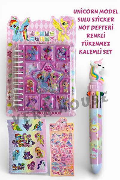 VERA HOUSE Unicorn Model Sulu Sticker Not Defteri 10 Renk Tükenmez Kalem Stic...