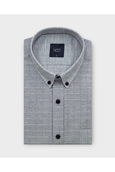 KAMER Men's Regular Fit Long Sleeve Buttoned Collar Checked Gray Shirt 4094g