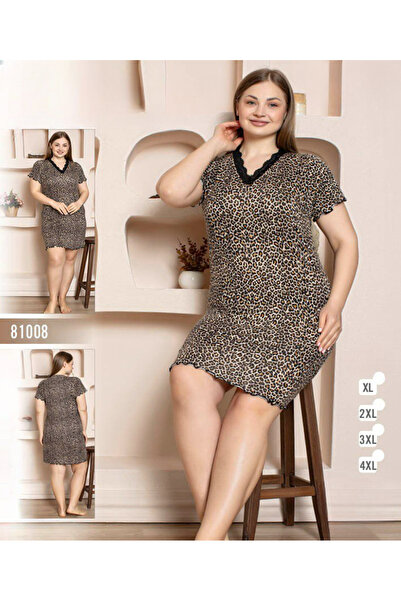 turkish Women's short-sleeved leopard print nightgown with V-neck lace - dark...