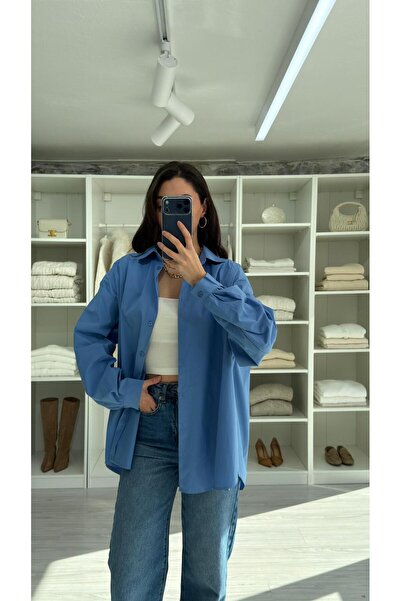 LUUNA STORE Ali̇a Front Slit Poplin Shirt - Blue