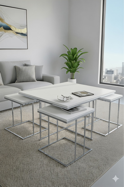 albemo Valencia Gümüş - Beyaz 5 li Kare Orta Sehpa Takımı