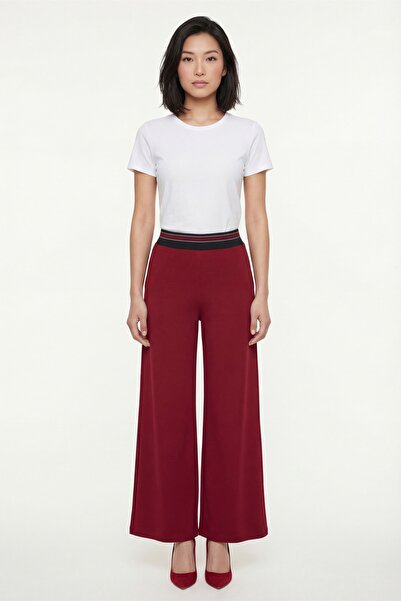 EXİTLİNE Women's Burgundy Summer Elastic Waist Ribbed Wide-Leg Long Trousers