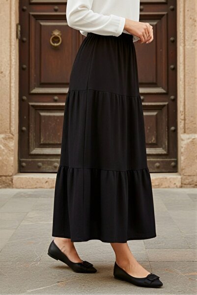 İmajButik Black Skirt with Layered Elastic Waist and Draped Design