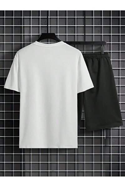 shams style Erkek T-Shirt Şort - Şortlu Tişört Alt Üst Takım King Baskılı Bisiklet Yaka