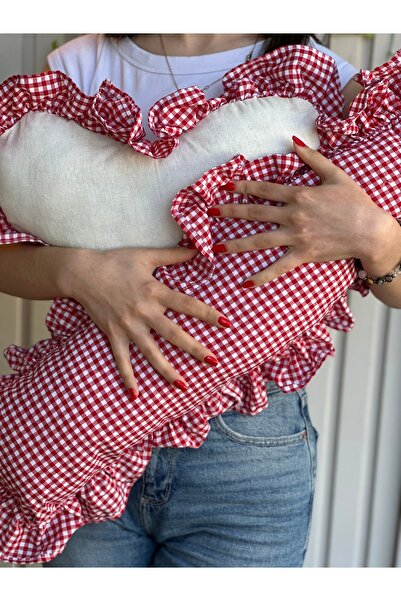 FLOREA ALAVENTE Kırmızı Pötikare Fırfırlı Uzun Silindir Yastık & Kalp Dekorat...