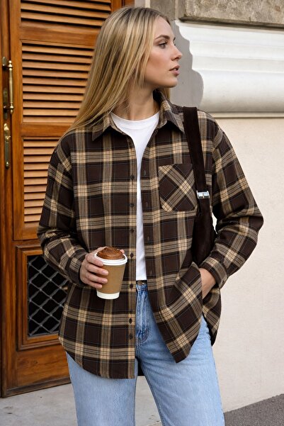 Hola Lady Kahverengi Ekose Over Fit Gömlek HL7229