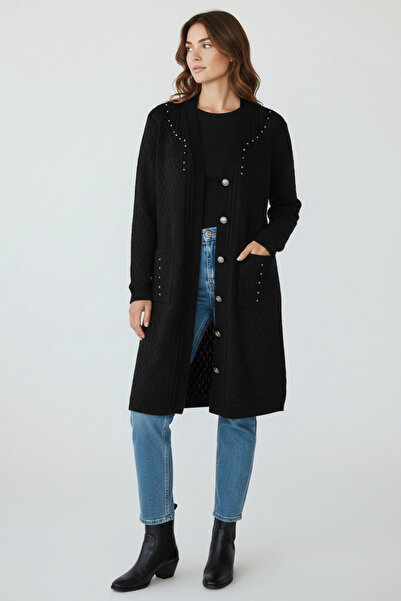 ECE GİYİM Women's Front Buttoned, Pocketed, Side-Slit-Free, Merserized Cardigan