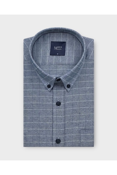 KAMER Men's Regular Fit Long Sleeve Buttoned Collar Checked Blue Shirt 4094m