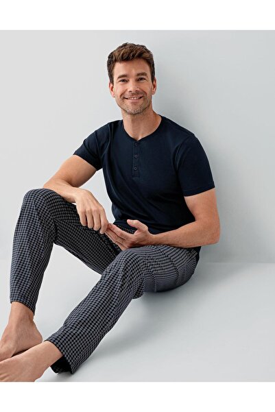 Arnetta Men's Navy Blue Summer 100% Cotton Pajama Set – with Pockets, Large S...