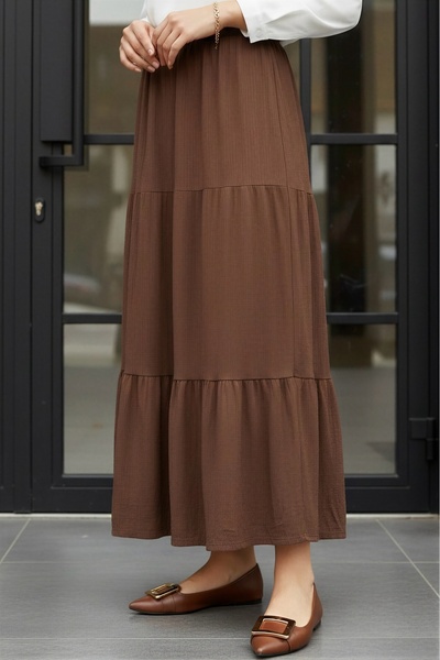 İmajButik Brown Layered Skirt with Elastic Waist and Draped Design