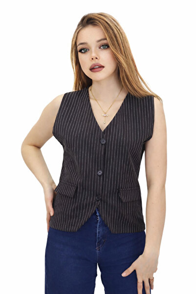 cheen Kadın Kahverengi Çizgili Trend V Yaka Düğmeli Blazer Stil Yelek