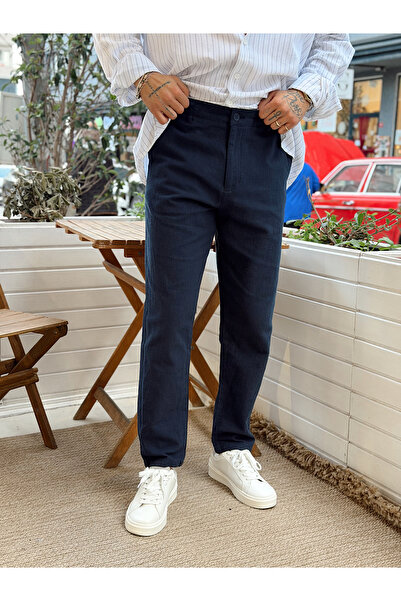 manch collection Italian Cut Linen Trousers Navy Blue