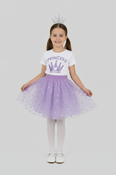 FATELLA Tricou cu detalii de coroană de prințesă mov pentru fetițe și set de ...