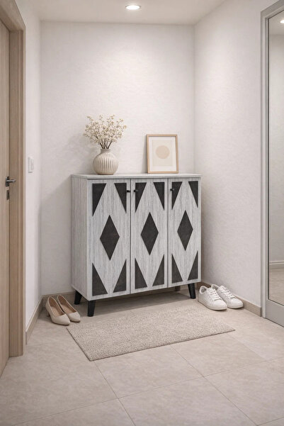 MARIA HOMES Modern 3-Door Shoe Cabinet with Geometric Pattern Grey Wood Finis...