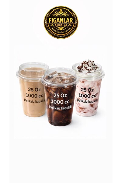 figanlar ambalaj 10'lu 1000cc (25Oz) Deliksiz Kapaklı Şeffaf Plastik Bardak–S...
