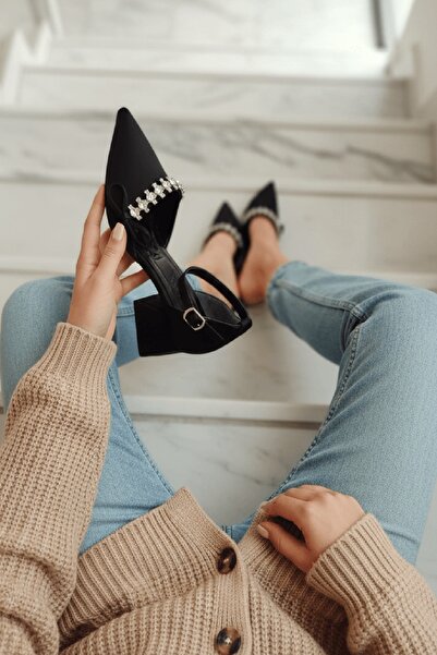 DİVOLYA Dunka Black Satin Stone Bow (4 cm Heel) Pointed Toe Heeled Shoes