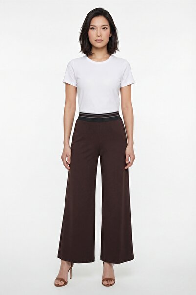 EXİTLİNE Women's Brown Summer Pants with Elastic Waist, Ribbed, Loose-Fitting...